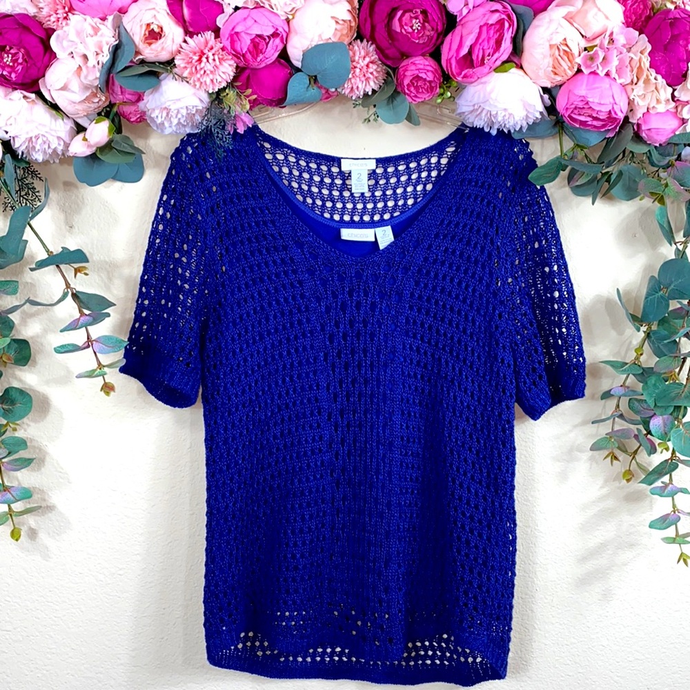 •chico’s• Royal Blue {crochet} |short sleeve|Sweater w Stretchy Underlay sz 2